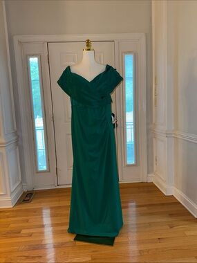 Betsy & Adam Off-Shoulder Emerald Gown